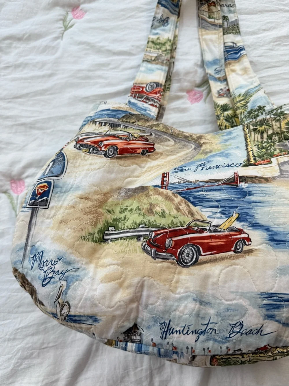 Vintage Scenic Car Print Quilted Beach Summer Tote Bag